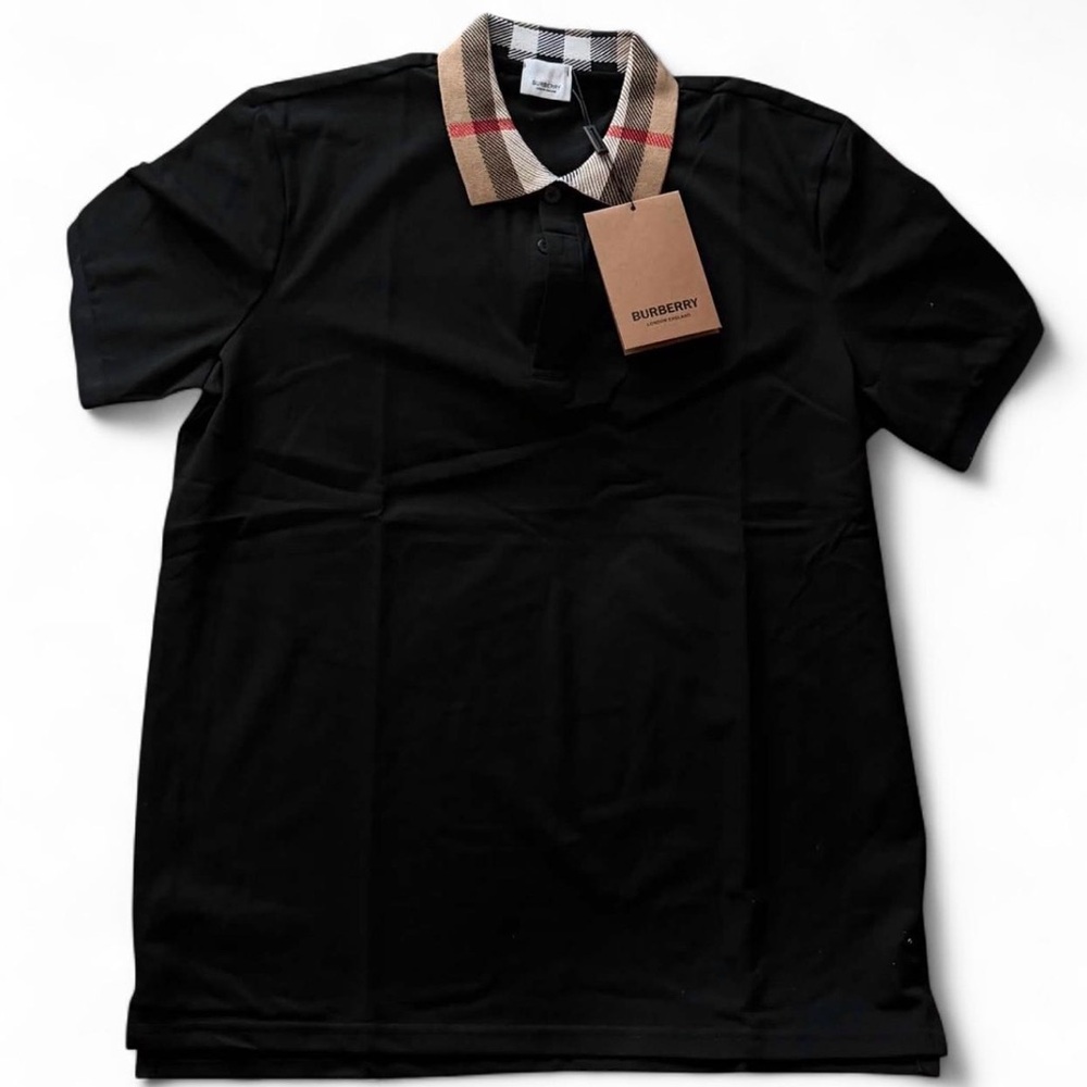 Burberry Men’s Black Polo with Classic Check Collar